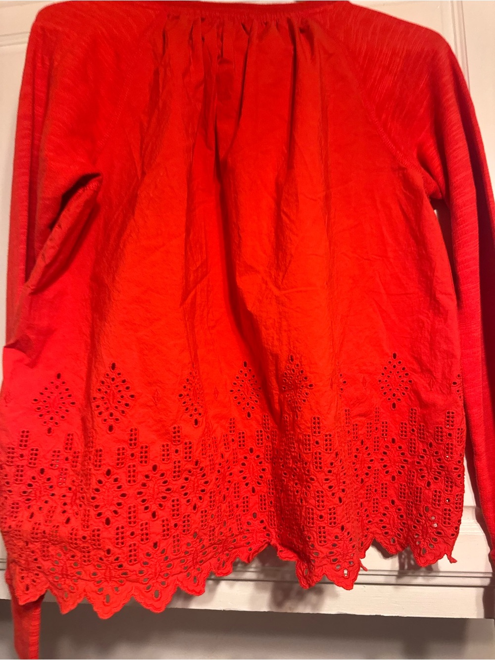 J. Crew red scalloped-hem top features a delicate embroidered lace detail back - Picture 4 of 5